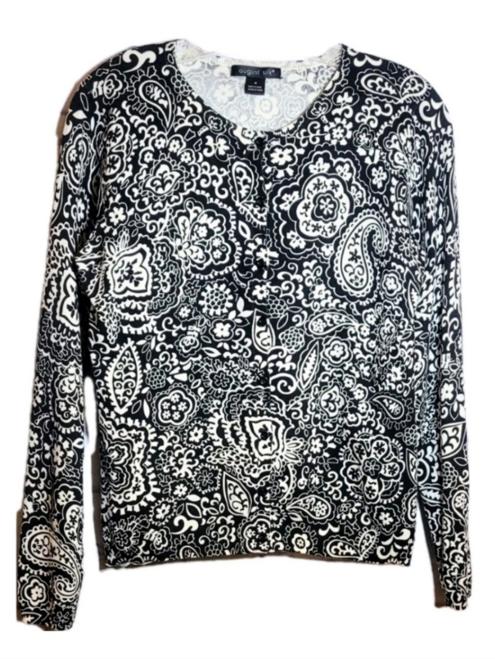 AUGUST SILK Black & Cream Paisley Button Down Cardigan Sweater Size M Feminine